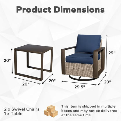 Joyside Outdoor Patio Swivel Rocker Chairs, 3 Pieces Wicker Furniture Set, 2 Swivel Rocking Chairs and 1 Table, Metal Wide Armrest, Thick Cushions and Deep Seating for Garden, Backyard, Porch, Deck