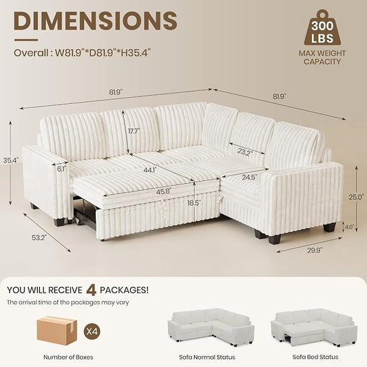 Belffin Plush Corduroy Modular Sectional Sofa with Pull Out Bed Convertible Small Sectional Corner Couch for Living Room Beige Couch