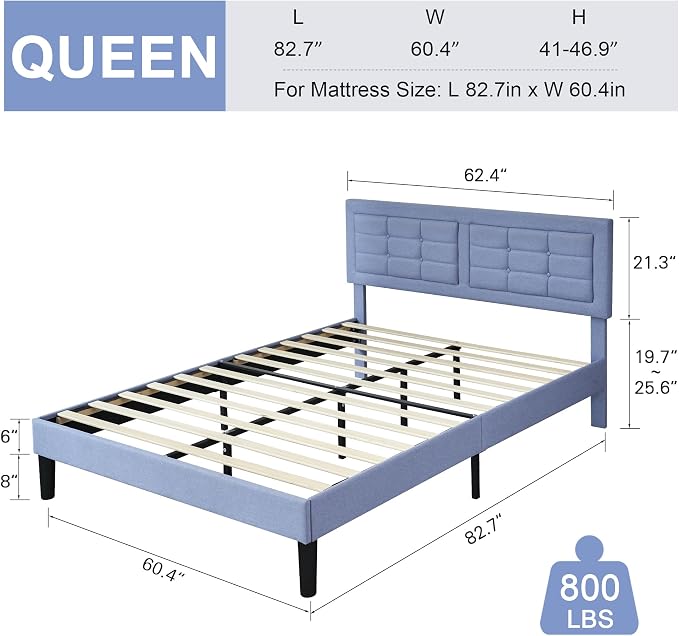 VECELO Queen Size Bed Frame, Adjustable Upholstered Button Tufted Headboard, Heavy-Duty Bedframe with Wood Slats Support, No Box Spring Needed, Light Blue