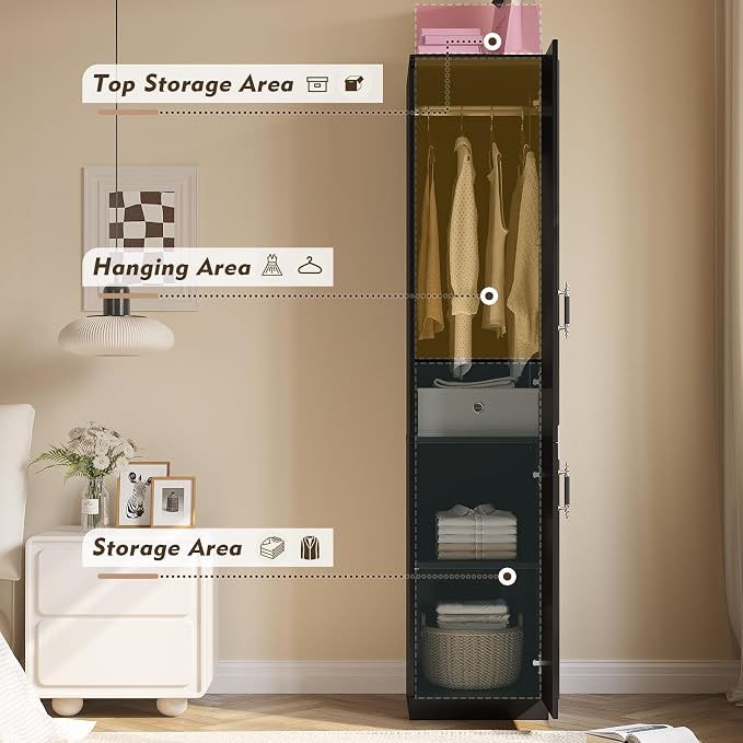 MEISSALIVVE Armoire Wardrobe Closet with 2 Door & Shelves, 74.8" Large Wardrobe Cabinet with Hanging Rod, Freestanding Modern Bedroom Armoire Storage Cabinet, Black