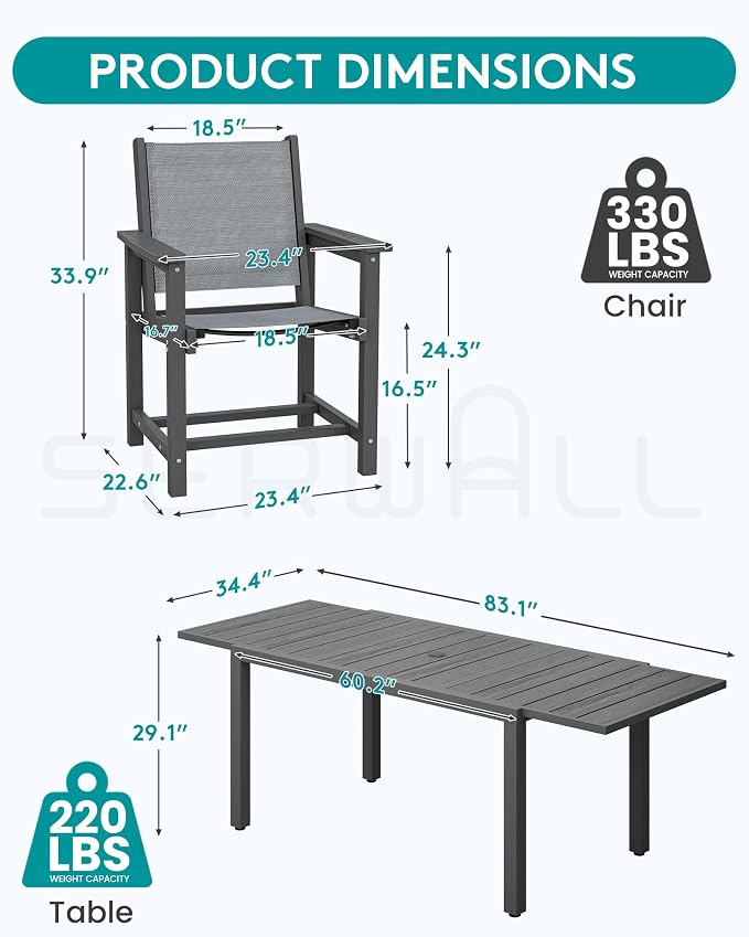 SERWALL HDPE Outdoor Dining Set for 8 with Textilene Chairs, Grey | 60" - 83" Aluminum Expandable Patio Dining Table and Breathable Textilene Chairs, All Weather HDPE Patio Furniture Set