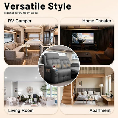 Reclining Loveseat, 55.1" RV PU Leather Wall Hugger Recliner Love Seats Sofa with Charging Station, Removable Armrest, Cup Holder, Double Recliners Couch, Manual Love Seat for Living Room