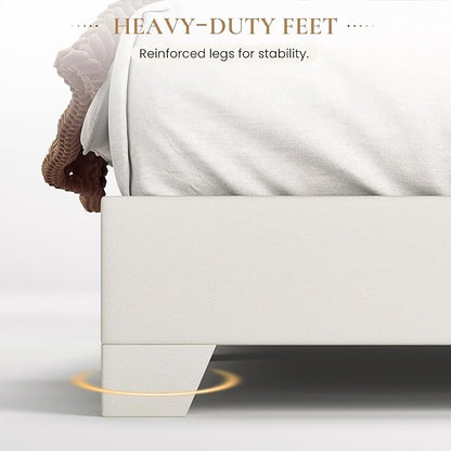SHA CERLIN PU Leather Upholstered King Size Bed Frame with Headboard,White | Adjustable Low-Profile Platform Bed, Minimalist Design, Stable Mattress Foundation, Strong Back-Support, No Box Spring Needed