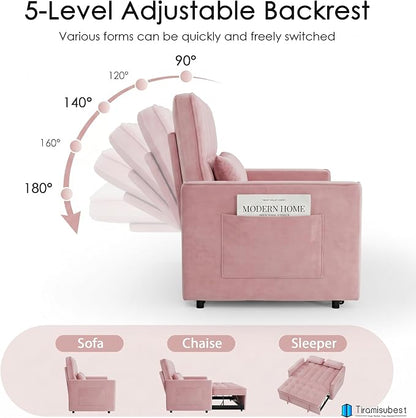 54'' Sleeper Sofa Bed, Convertible Pull Out Couch Futon for for Living Room,Apartment (Pink, Loveseat) Side Pockets, Velvet Fabric, Adjustable Backrest, Pull-Out Bed, Easy Assembly