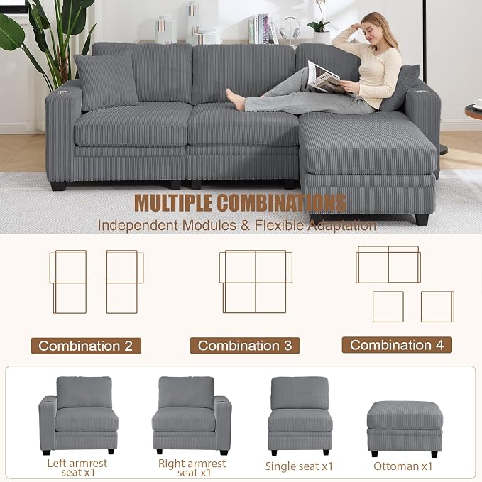 97" Modular Sectional Sofa with Storage, Corduroy 4-Seater L-Shaped Sofa with Ottoman Chaise, Cloud Sectional Couches for Living Room, Apartment