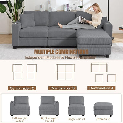 97" Modular Sectional Sofa with Storage, Corduroy 4-Seater L-Shaped Sofa with Ottoman Chaise, Cloud Sectional Couches for Living Room, Apartment
