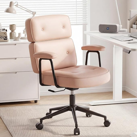 OLIXIS Ergonomic Home Office Desk Chair, PU Leather Computer Chair with Lumbar Support Adjustable Height Rolling Swivel Executive Task Armrests, Hot Pink