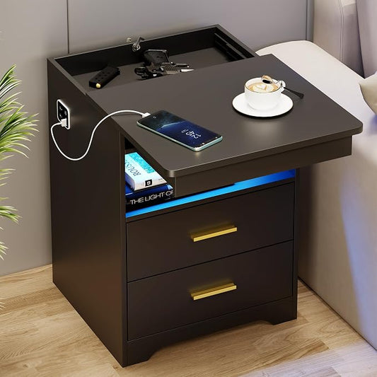 Nightstand with Gun Drawer, Charging Bedside Table with USB-A & Quick-Charge Type-C Port, LED Night Stand with Soft Glow Human Sensor Light, Modern End Table with Drawers for Bedroom Office, Black