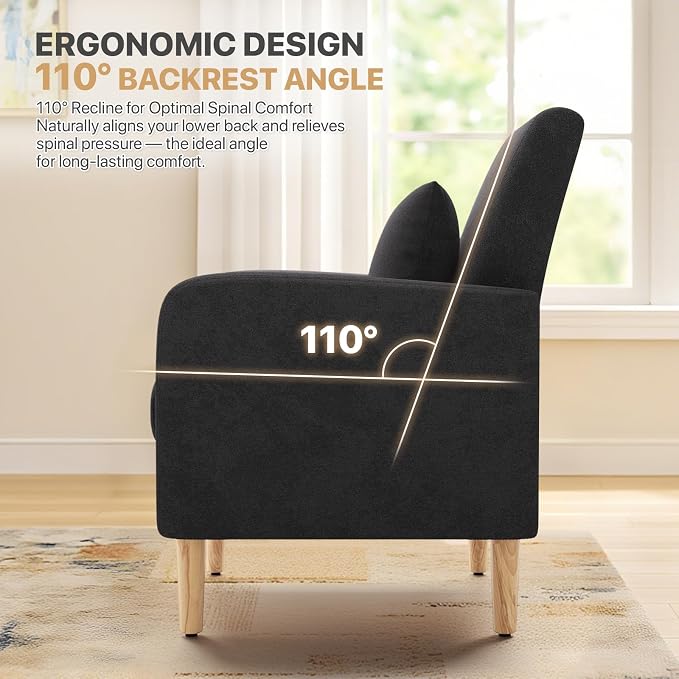Magshion Mid-Century Accent Chair for Living Room, Comfy Reading Chair for Bedroom, Upholstered Linen Fabric Armchair Single Sofa with Back Pillow & Wood Legs, 300 lbs Capacity, Black