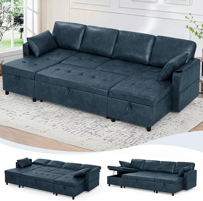 110 inches Suede Leather Sleeper Sofa w/Pull Out Bed, U-Shape Sectional Sofa Bed w/Adjustable Backrest and Storage Chaises, 4-Seats Upholstered Sofa Bed w/USB Port for Living Room, Blue