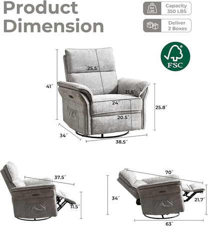 Oversized Power Recliner Chair Swivel Glider with Massage and Heat, Rocker Nursery Recliner for Adults with Adjustable Headrest, 24" Extra Wide Nursery Chair with Overstuffed Armrest,Light Grey