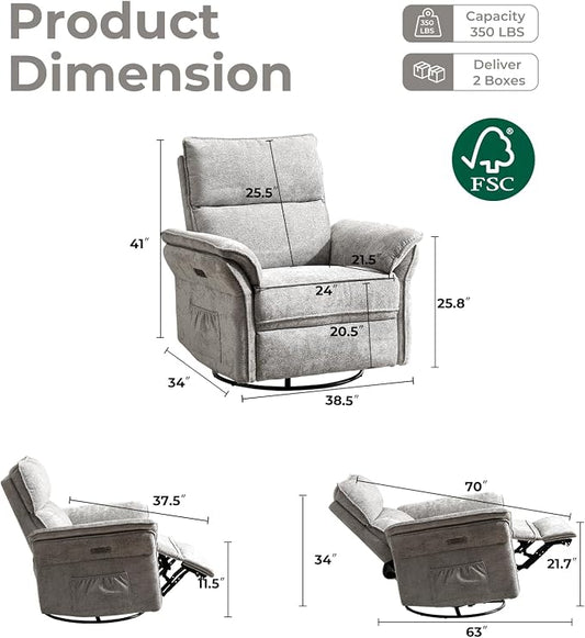 Oversized Power Recliner Chair Swivel Glider with Massage and Heat, Rocker Nursery Recliner for Adults with Adjustable Headrest, 24" Extra Wide Nursery Chair with Overstuffed Armrest,Light Grey