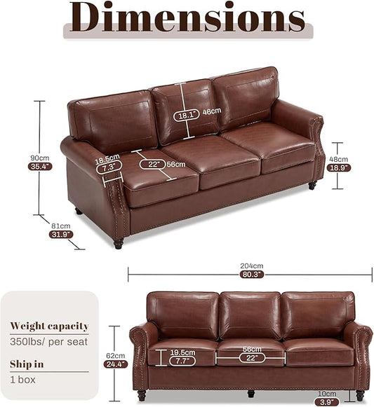 Kingfun Mid-Century Modern Couch, Faux Leather Sofa, 3 Seater Couch for Living Room with Rolled arms & Nailhead Trim, Dark Coffee