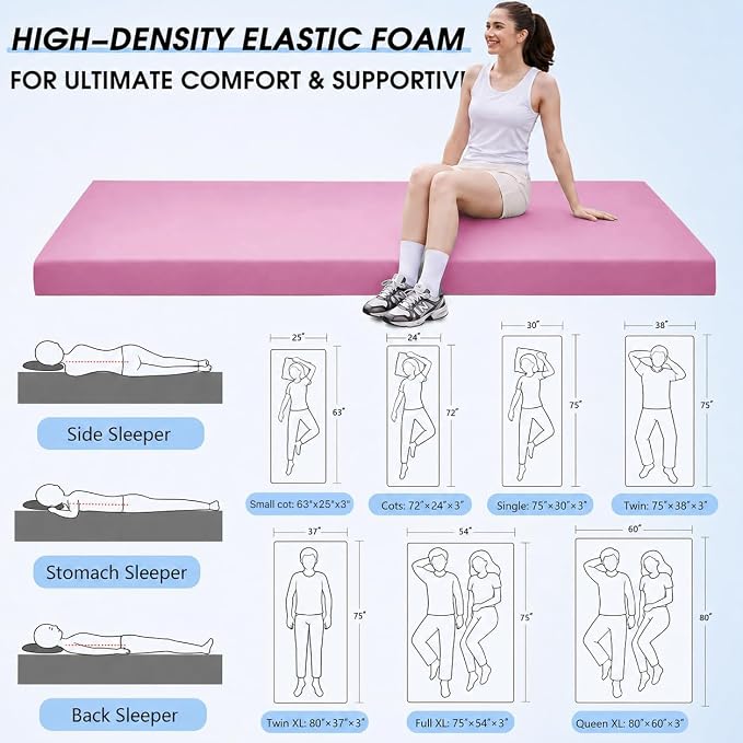 CYMULA 3 Inch Memory Foam Camping Pad, Camping Essentials Roll Up Floor Mat for Car Camping, Cot, Tent, Truck, Travel and Guest Use, Non-Slip Waterproof Bottom, Removable Cover