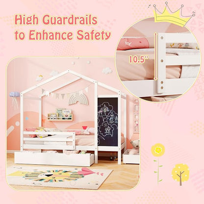 Giantex Twin Bed with 2 Storage Drawers, Solid Wood House Bed with Blackboard & Safety Guardrails, Twin House Bed w/Slats Support, No Box Spring Needed, Twin Bed Frames for Kids Girls Boys (White)