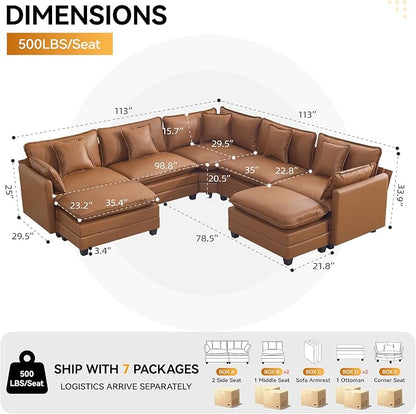 137'' V Shaped Cloud Sectional Sofa, Oversized Deep Seat Leather Couches for Living Room, Comfy Upholstered Modular Sectional Sofa Couch with 2 Movable Ottoman, Leather Light Brown