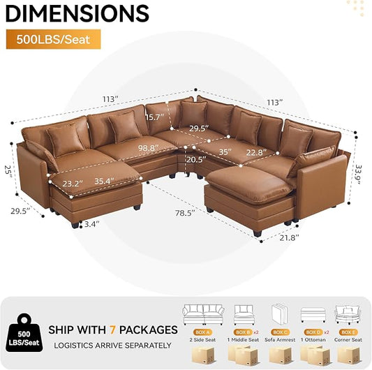 137'' V Shaped Cloud Sectional Sofa, Oversized Deep Seat Leather Couches for Living Room, Comfy Upholstered Modular Sectional Sofa Couch with 2 Movable Ottoman, Leather Light Brown