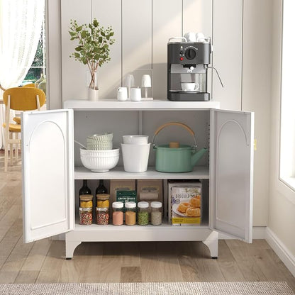 SteeLoong Metal Sideboard Buffet Cabinet with Storage,33 Inch Coffee Bar Cabinet with Adjustable Shelf, White Kitchen Sideboard Cabinets for Dining Room, Living Room