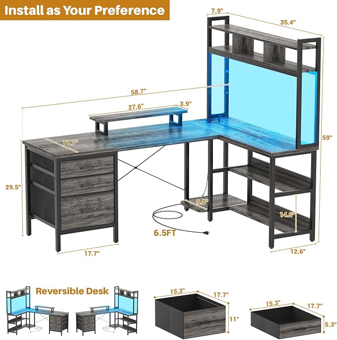 Aheaplus L Shaped Desk with Hutch, Gaming Desk with Led Lights, Reversible Computer Desk with Power Outlet, Corner Desk with File Drawer & Monitor Stand, Storage Shelves for Home Office, Black Oak