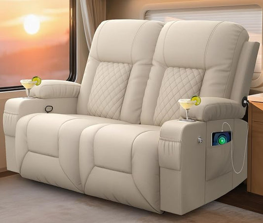 RV Loveseat Recliner Sofa, Reclining Loveseat Wall Hugger Recliners with USB Ports, Cup Holders, Insert Pockets, RV Recliners for Travel Trailers & Living Room, RV Furniture | RV Couch | Beige