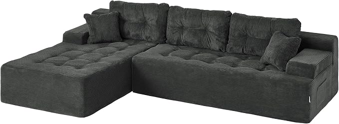 Hobestluk Modular Sectional Sofa Couches L-Shape Couch 3 Seat Modular Sofa Memory Foam Sectional Couches for Living Room, Cloud Couch with Oversized Chaise (Charcoal Corduroy, 108", Left Hand Facing)