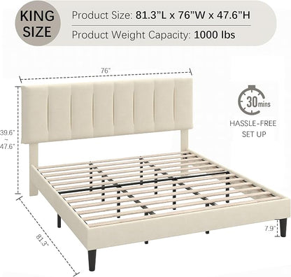 VECELO King Size Bed Frame with Upholstered Headboard, Heavy-Duty Bedframe with Strong Wooden Slats Support, No Boxing Spring Needed, Pale Beige