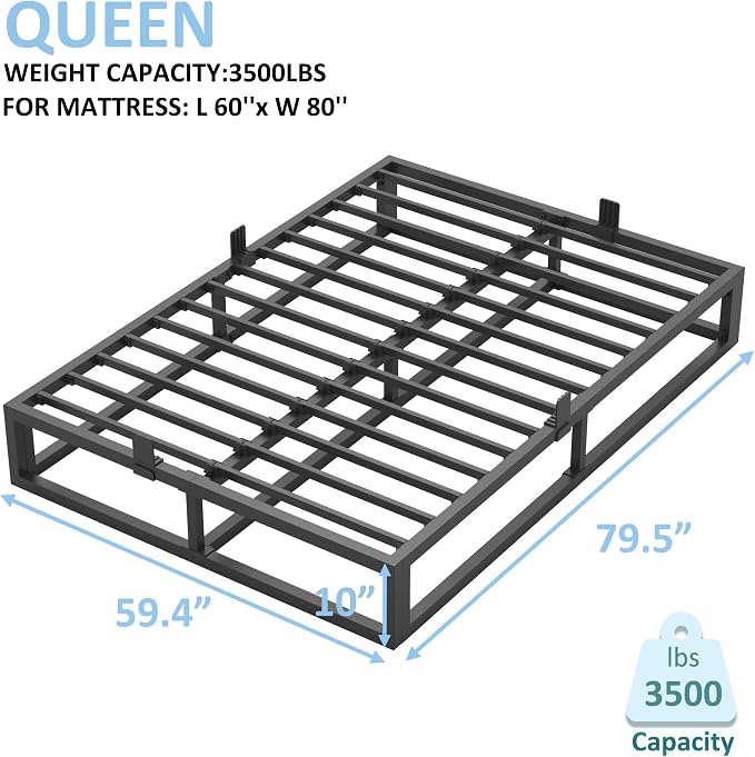 Bilily 10 Inch Queen Bed Frame with Steel Slat Support,Low Profile Queen Metal Platform Bed Frame Support Mattress Foundation,Heavy Duty,No Box Spring Needed,Easy Assembly,Noise Free