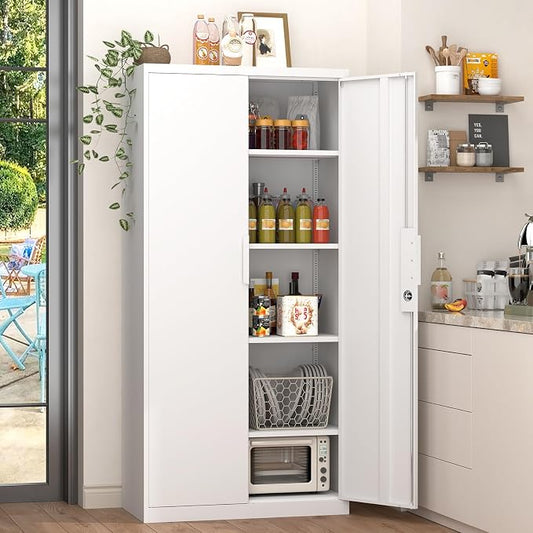 GREATMEET Metal Garage Storage Cabinet with 2 Doors and Shelves - 72" x 34" x 18" Steel Lockable File Cabinet, White Locking Tool Cabinets for Office Home Garage Gym School