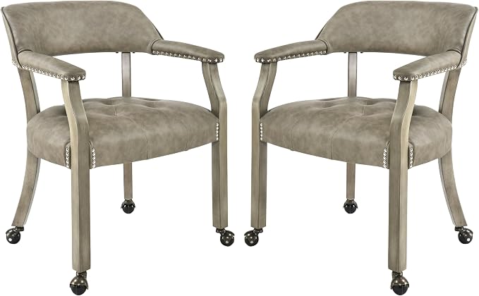 LEEMTORIG Set of 2 Dining Chairs with Casters and Arms, Large Rolling Dining Chairs with Wheels, Accent Poker Table Chairs, Solid Wood Office Desk Chairs, 26"D x 25.2"W x 31.5"H, Soft Grey SY-1318-UA