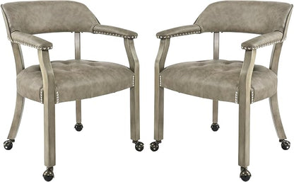 LEEMTORIG Set of 2 Dining Chairs with Casters and Arms, Large Rolling Dining Chairs with Wheels, Accent Poker Table Chairs, Solid Wood Office Desk Chairs, 26"D x 25.2"W x 31.5"H, Soft Grey SY-1318-UA