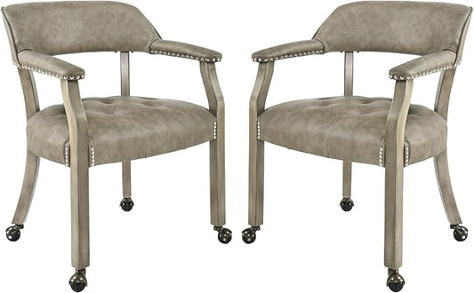 LEEMTORIG Set of 2 Dining Chairs with Casters and Arms, Large Rolling Dining Chairs with Wheels, Accent Poker Table Chairs, Solid Wood Office Desk Chairs, 26"D x 25.2"W x 31.5"H, Soft Grey SY-1318-UA