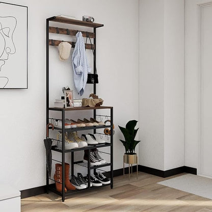GiftGo Vintage Large 5-Tier Hall Tree with Console Table Entryway Coat Rack Floor Standing Shoes Rack Storage Shelf Organizer for Home Office Bedroom (Rustic Brown)