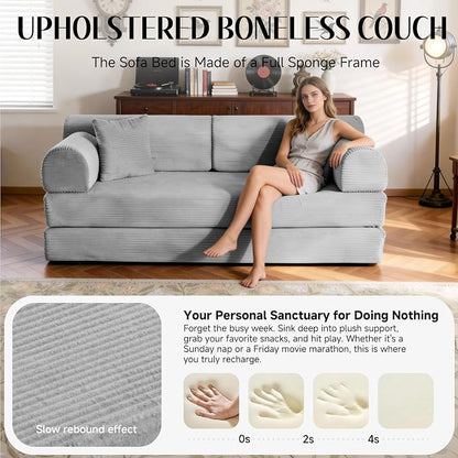 79'' Convertible Sofa Bed, 6 in 1 Folding Floor Futon Couch Sleeper with Fixed Frame, Corduroy Modular Sofa Bed with Removable Armrests & Pillows, No Assembly for Living Room Bedroom (Light Gray)