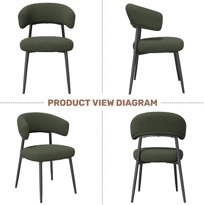 Dining Chairs Set of 6, Mid Century Modern Kitchen Chairs, Boucle Upholstered Dining Chair with Curved Backrest & Metal Legs for Kitchen Dining Room, Green