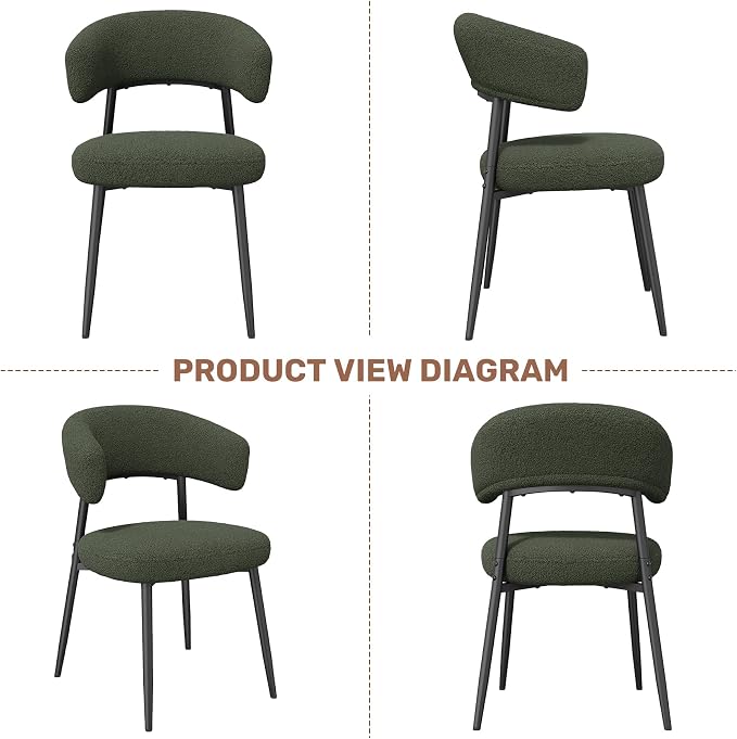 Dining Chairs Set of 4, Mid Century Modern Kitchen Chairs, Boucle Upholstered Dining Chair with Curved Backrest & Metal Legs for Kitchen Dining Room, Green