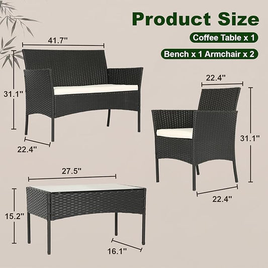 FDW | 4-Piece Patio Furniture Set | Black | Outdoor Wicker Furniture with Coffee Table | Modern Rattan Chairs Conversation Set | Outdoor Seating | Weather-Resistant | for Porch, Garden, Lawn