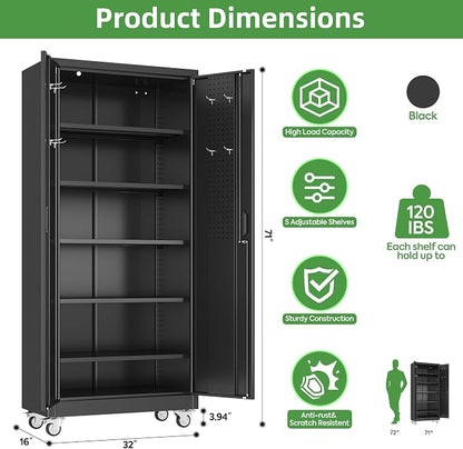 Metal Garage Storage Cabinet with Wheels, Lockable Steel Organizer with Pegboard Doors & 5 Adjustable Shelves for Garage, Warehouse, 71x32x16 Inches, Black, Assembly Required
