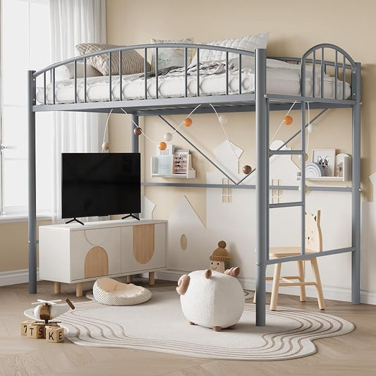 GarveeHome Loft Bed Twin Size, Heavy Duty Metal Loft Bed Frame with Arched Guardrail and Safety Ladder, Space-Saving, No Box Spring Needed, Modern Gray