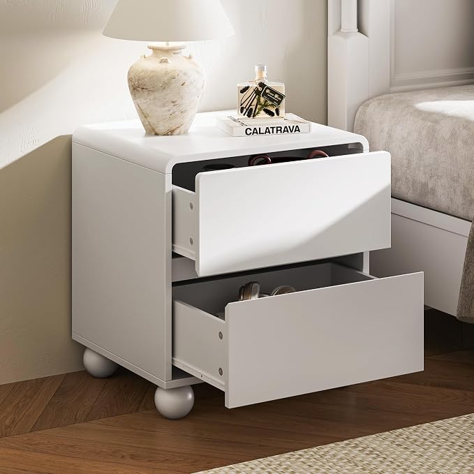 MAISONARIA Mid-Century 3-Piece Dresser Bedroom Set, 6 Drawer Dresser & 2 Drawer Nightstands with Curved Profile Design & Handle Free, Wood Chest of Drawers for Bedroom, Living Room, Hallway, White