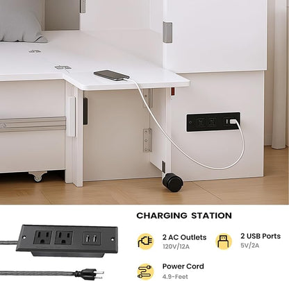 Kikihouse Murphy Bed with Storage & Charging Station, Queen Size Murphy Cabinet Bed Hideaway Bed with Motion Sensor Lights for Bedroom/Guest Room/Office, Foldable Platform Bed Frame, White