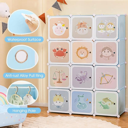 INFANS Children Wardrobe, Kid Closet Portable Baby Dresser Cute for Kids Bedroom Nursery Armoire with Doors 12 Cube 2 Hanging Sections, Kid Clothes Storage Organizer (Pink, 12 Cubes)