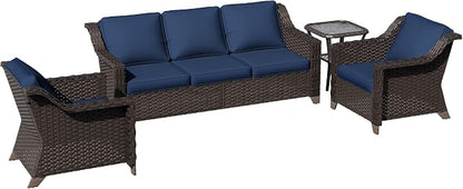 4 Pieces Patio Conversation Furniture Set - 1 Sofa, 2 Armchairs, 1 Side Table, Outdoor Wicker Furniture with Removable Cushions for Porch, Balcony, Sunroom (Blue)