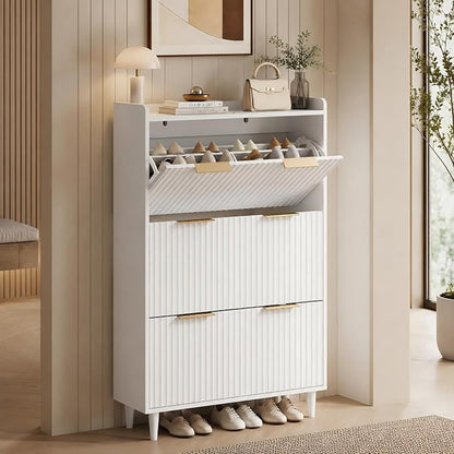 VINGLI White Fluted Shoe Storage Cabinet for Entryway with 3 Flip Drawers, Narrow Shoe Organizer with Fluted Panel, Modern Freestanding Wood Shoe Cabinet for Foyer, Hallway (White, 3 Flip Drawers)