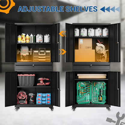 Fesbos 73" Metal Cabinet-Black Heavy Duty Rolling Storage Cabinet Steel Tool Cabinets with Wheels, Shelves, Lockable Doors and Drawers- for Garage, Pantry, Warehouse Home Office- Assembly Required