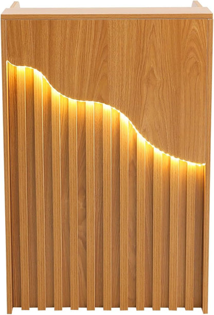 CNCEST L-Shaped Small Space Reception Desk with Locking Storage & LED Light, Modern Oak Front Desk Checkout Counter for Hotel, Shop, Beauty Salon, Office