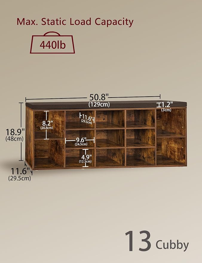 DINZI LVJ Shoe Storage Bench with Cushion, 13-Cubby Shoe Rack, Adjustable Shelves, Multifunctional Shoe Organizer Bench for Entryway, Mudroom, Hallway, Living Room, Bedroom and Garage, Rustic Brown