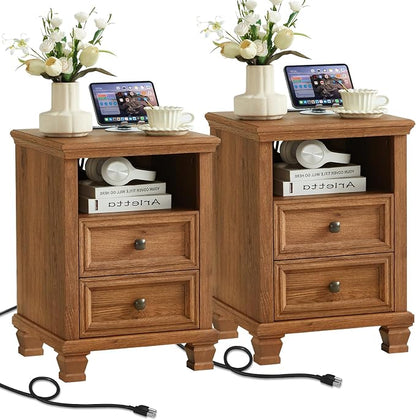 SAVOR LIFE Farmhouse Night Stand Set of 2 with Charging Station, Antique Bedside Table with Open Shelf & Thick Tabletop & Square Wooden Legs, Brown