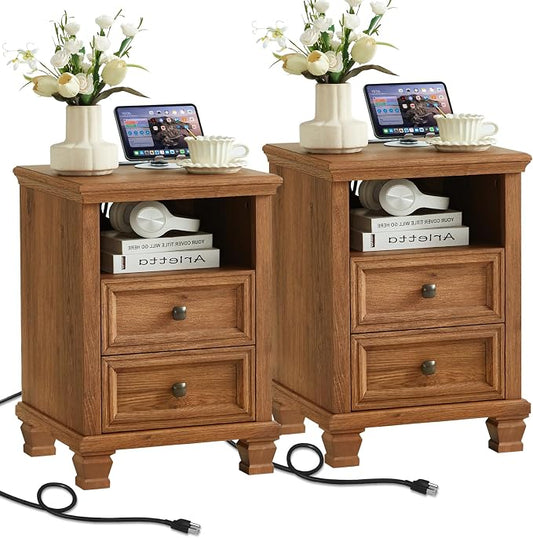 SAVOR LIFE Farmhouse Night Stand Set of 2 with Charging Station, Antique Bedside Table with Open Shelf & Thick Tabletop & Square Wooden Legs, Brown