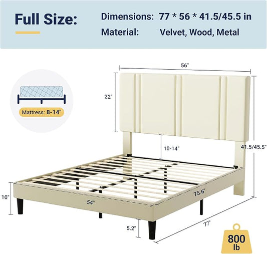 Allewie Full Size Platform Bed Frame with Adjustable Headboard, Plush Velvet Upholstered, Vertical Channel Tufted, Sturdy Wooden Slats, No Box Spring Needed, Easy Assembly, Cream