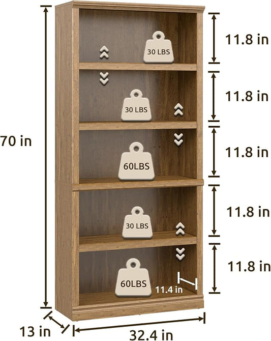 Bevfint 70 in Tall Bookcase, White Bookshelf Open Storage 5-Tier Shelves, 33 inch Wide Floor Standing Indoor Furniture, Book Cases for Home School Library Office Bedroom Kids, Vintage Oak 5 Tiers